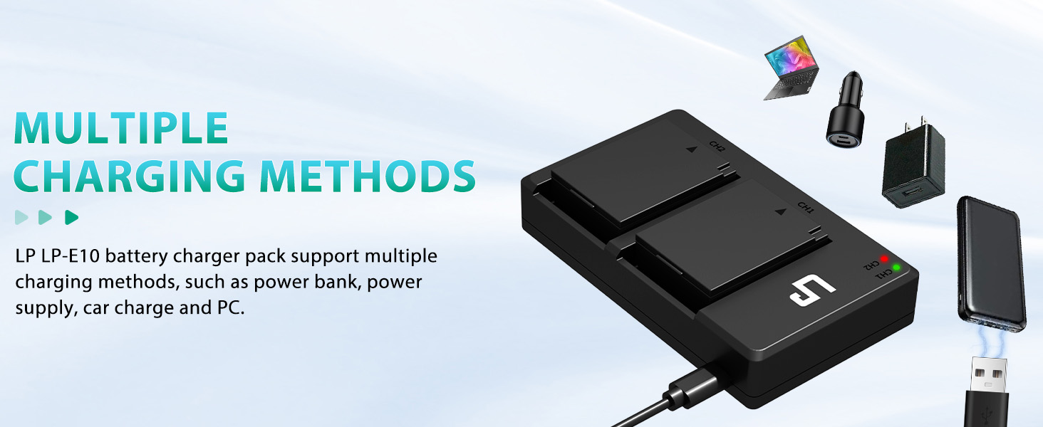 Комплект акумуляторів LP-E10 (2 шт) та подвійний зарядний пристрій 1600mAh для Canon EOS Rebel T7, T6, T5, T3, T100, 4000D, 3000D, 2000D, 1500D, 1300D