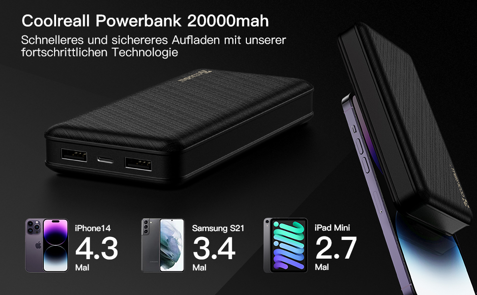 Powerbank CoolReall 20000 mAh: портативний зарядний пристрій з USB-C (вхід/вихід) та 2 USB, чорний