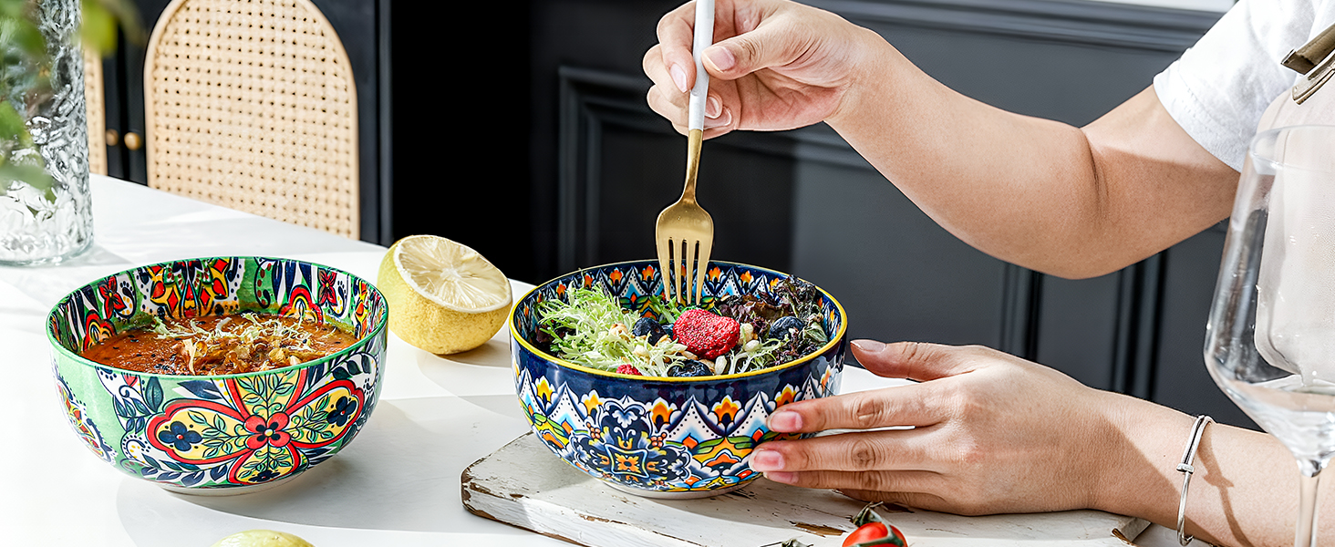 HENXFEN Набір з 6 порцелянових мисок для мюслі, супу, салату, 850 мл. Богемний квітковий дизайн, 6 кольорів