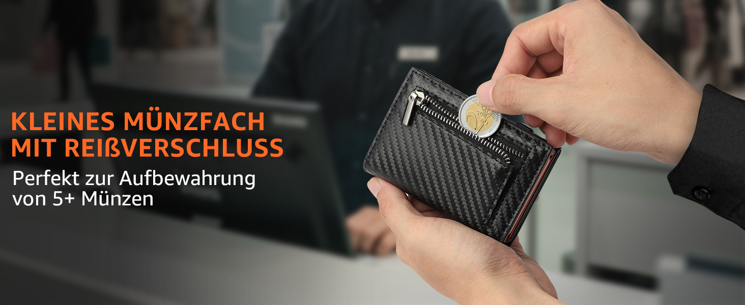 Чоловічий гаманець з RFID-захистом – портмоне з карбонової шкіри, 8 відділень для карток, віконце для ID, монетниця, кишеня для грошей, з подарунковою коробкою, чорно-помаранчевий