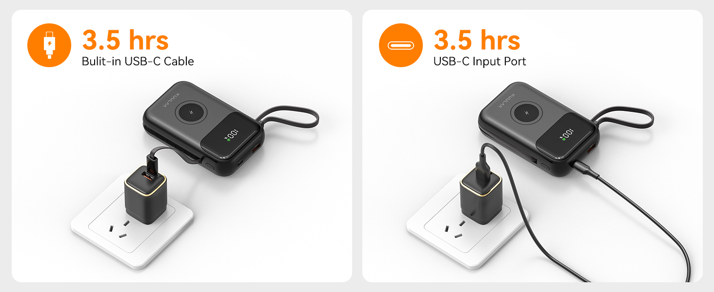 Power Bank Kuulaa для Apple Watch 10000mAh з LCD-дисплеєм та двома кабелями, 22.5W PD, сумісний з iPhone, iPad, Apple Watch 10/9/8/Ultra2/Ultra/SE