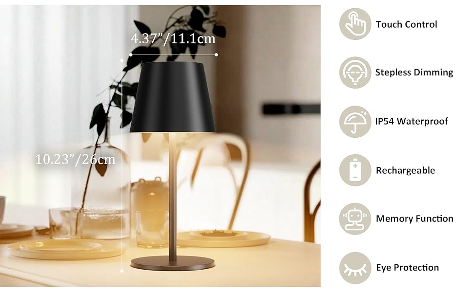 Світлодіодний акумуляторний настільний світильник 26 см, 5000mAh, IP54, чорний - кемпінговий ліхтар для ресторану, спальні, бару