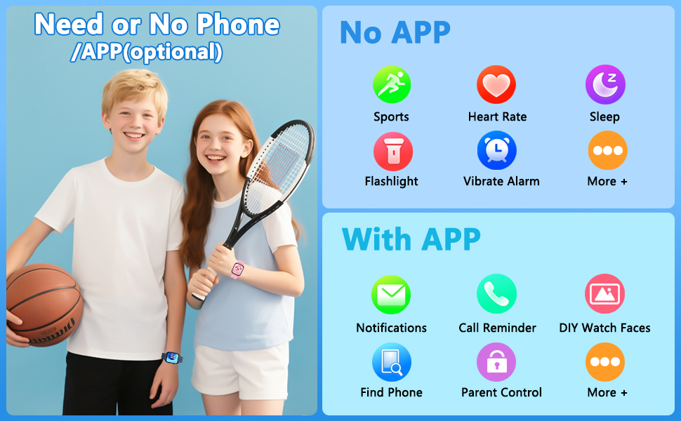 Дитячий розумний годинник Smartwatch Kinder з фітнес-трекером: пульсометр, крокомір, моніторинг сну, водонепроникність IP68, ігри, 1.85' HD-екран для дівчаток та хлопчиків 6-16 (блакитний)