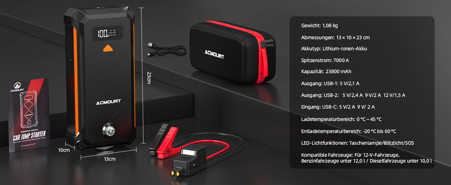 Powerbank для автомобіля Starthilfe 7000A 23800mAh помаранчевий - пусковий пристрій, зарядний пристрій, ліхтарик LED для авто, мото, бензин/дизель
