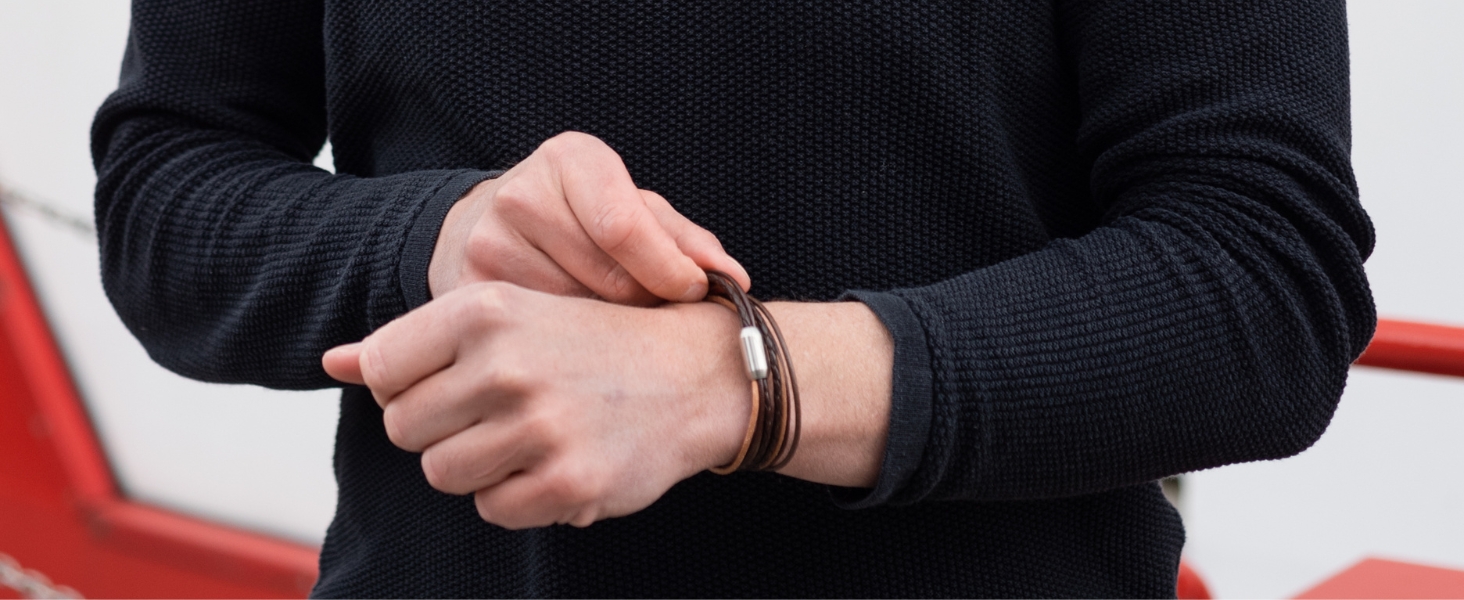 Браслет шкіряний Echtleder (Німеччина) унісекс з магнітною застібкою, 3XL (21-22 см), коричнево-срібний