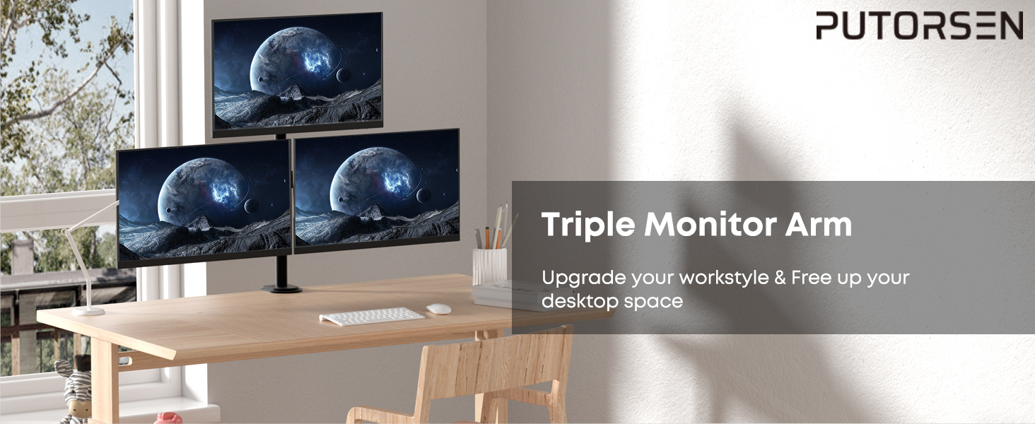 Тримач для монітора PUTORSEN на 3 монітори (13-32 дюйми), регульований, чорний