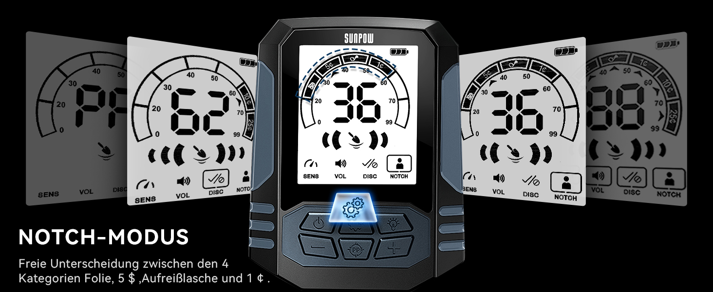 Металошукач SUNPOW для дорослих – водонепроникний, з лопатою, рюкзаком та навушниками, IP68, 11' Dual-D, 35h Li-Akku, 10 рівнів чутливості, 4 режими пошуку, 7-Metall ID, A-Schwarz