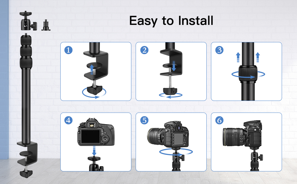 Кріплення для камери Victiv, 37-105 см, настільний штатив для DSLR Canon, світловий штатив, затискний штатив з гнучким підлокотником та 1/4' кульовою головкою для камер, LED-світла, веб-камер, смартфонів (Чорний)