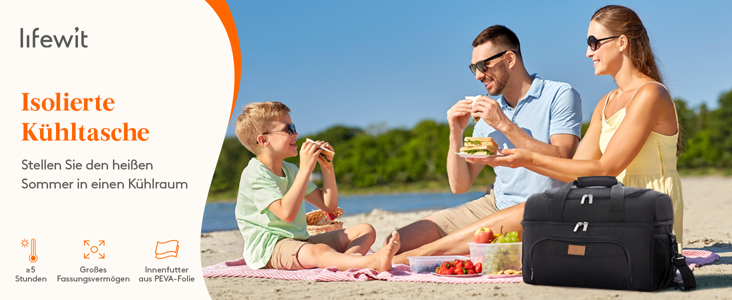 Термосумка LifeWit 23L для пікніка, пляжу, роботи та подорожей (чорна)