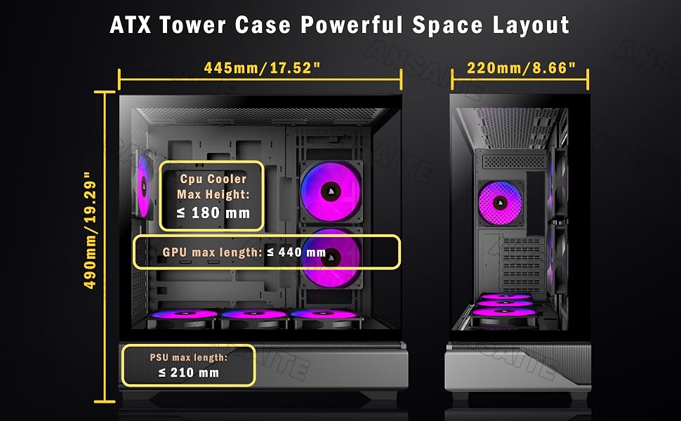 Ігровий корпус для ПК ANSAITE ATX Mid-Tower, 6 ARGB PWM вентиляторів, панорамне загартоване скло, USB Type-C, підтримка радіатора 360мм, чорний/фіолетовий
