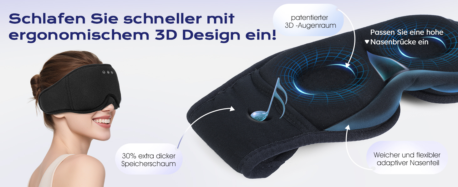 Маска для сну з навушниками Bluetooth LC-dolida 3D, повна блокада світла, чорний колір