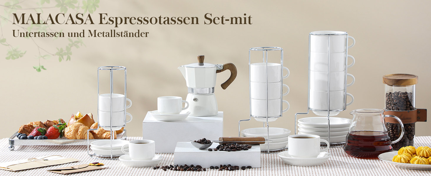Набір чашок еспресо MALACASA 4 шт., 75 мл, з підставками та стійкою, біле порцелянове виробництво Італії, сумісні з посудомийною машиною, серія Regular 75 мл