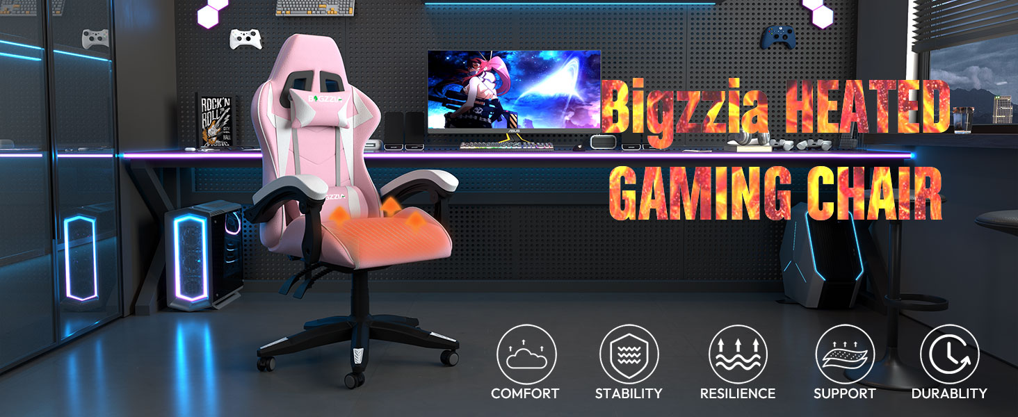 Ігрове крісло Bigzzia Gaming з підігрівом та регулюванням спинки 90-135°, рожеве