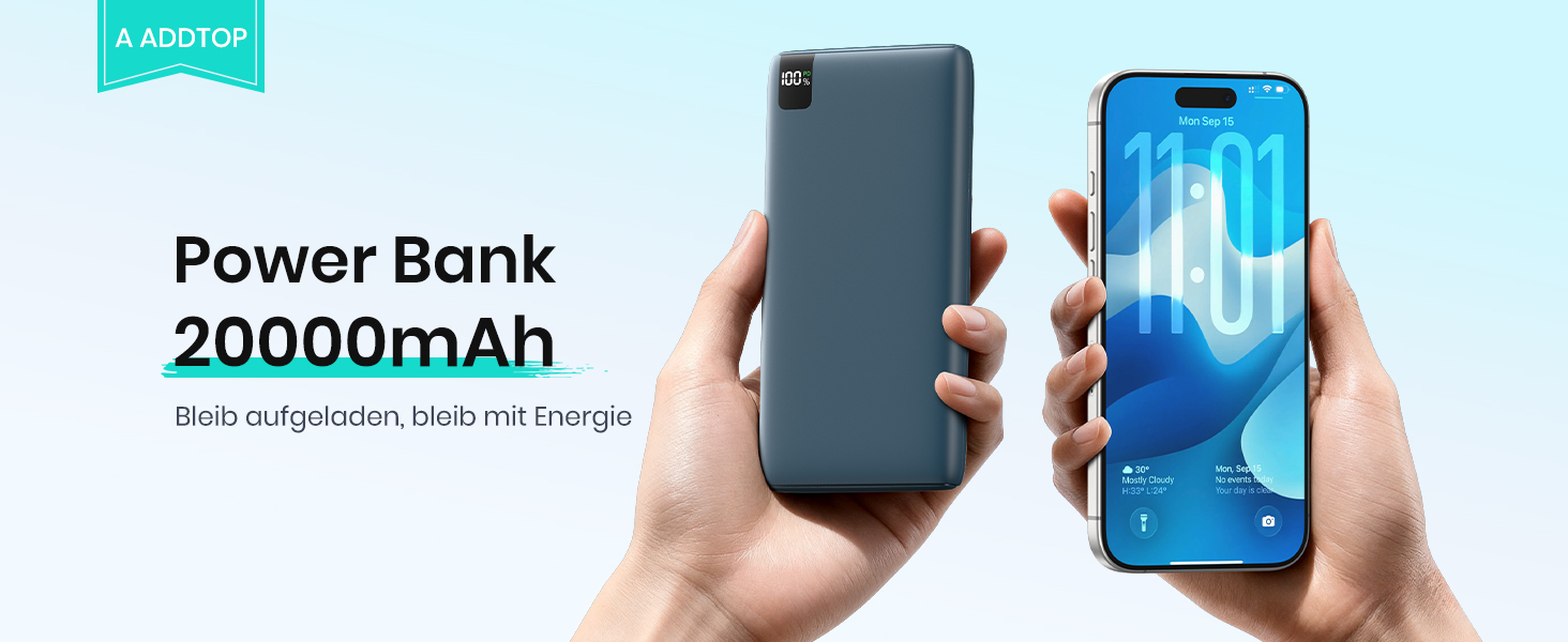Power Bank ADDTOP 20000mAh 22.5W Blue – портативний зарядний пристрій з USB-C, LED-дисплеєм, швидка зарядка для iPhone 17/16/15/14/13/12/11, Samsung Galaxy та інших телефонів