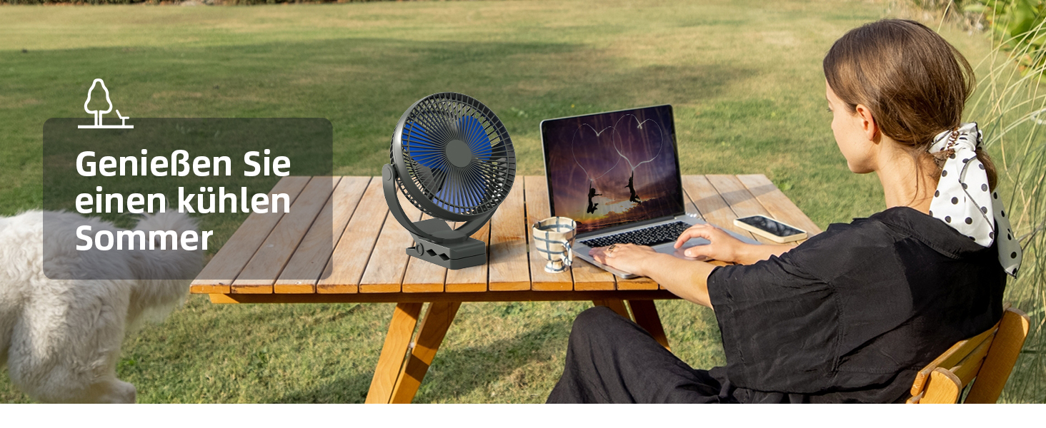 Вентилятор Koonie 10000 mAh з кліпсою, 20 см, портативний USB, акумуляторний, 4 швидкості, 360° оберт, тихий, для дому, офісу, дитячої коляски, кемпінгу, гроу-тента (блакитний)