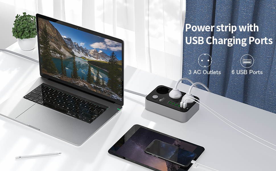 Багаторозкладна мережева панель HULKER з 3 розетками та 6 USB-портами, захист від перенапруги, 1.6 м, універсальна