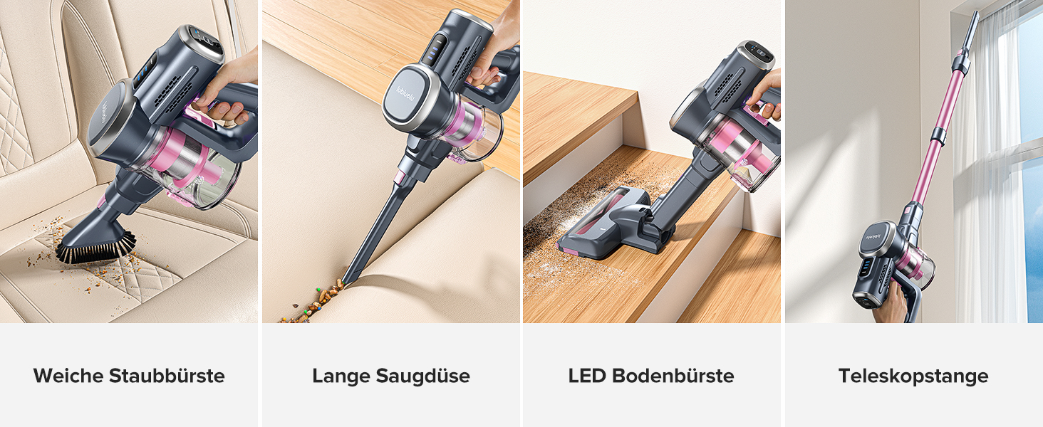 Бездротовий акумуляторний пилосос Lubluelu з LED-щіткою, HEPA-фільтром та потужністю 220W (25kPa). Час роботи до 50 хвилин. Підходить для твердих поверхонь, шерсті тварин та килимів. Колір: рожевий