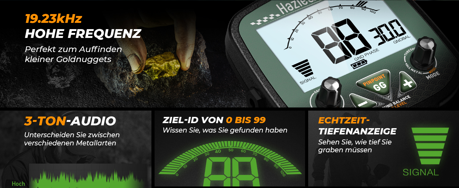 Металошукач професійний для дорослих Metalldetektor з 13'' водонепроникною котушкою DD, частота 19.23 кГц для пошуку срібла та золота, регульована балансування ґрунту, 3 режими пошуку, глибина виявлення 12''