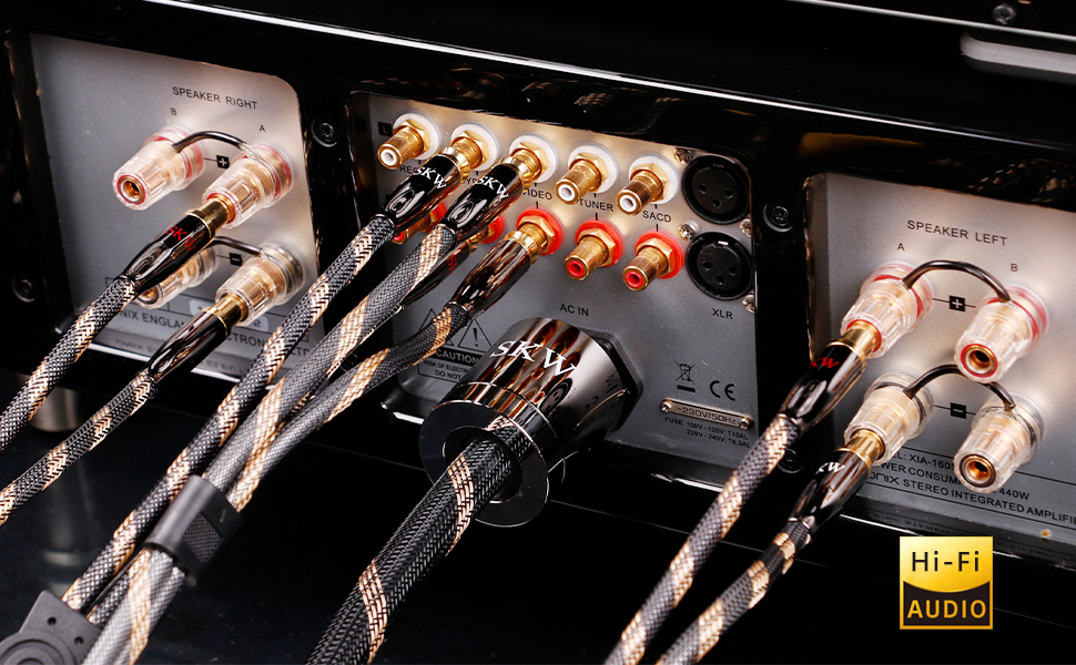 Акустичні кабелі SKW для колонок Hi-Fi, пара (2 шт.), 1.5м, з роз'ємами «банан», позолочені конектори, нейлонове обплетення