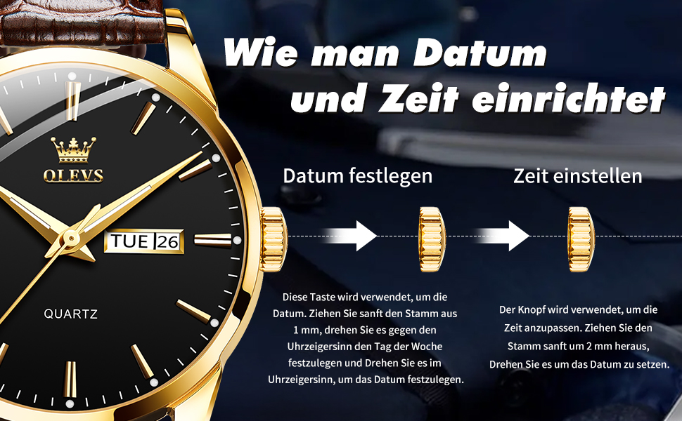 Чоловічий годинник OLEVS з нержавіючої сталі, кварцовий аналоговий годинник, класичний діловий годинник, водонепроникний, з підсвічуванням, з датою, на шкіряному ремінці, чорний циферблат, коричневий ремінь