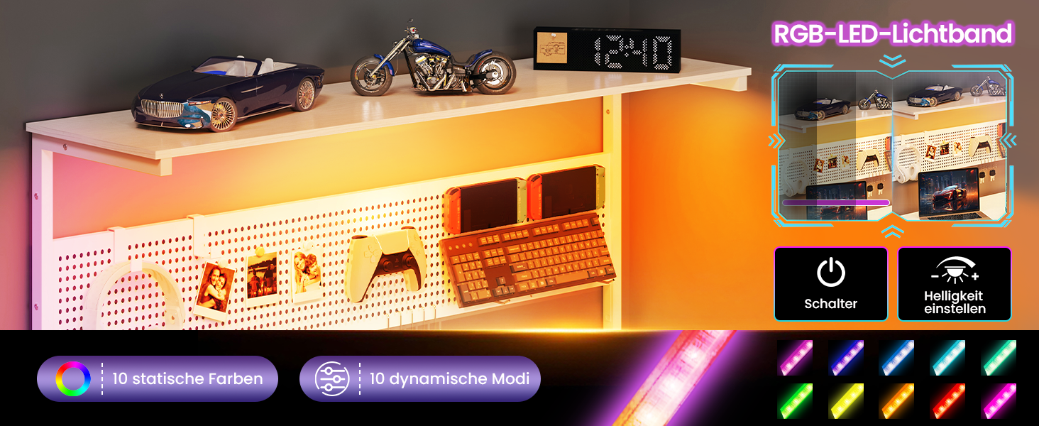 Ігровий кутовий стіл L-подібний YOUDENOVA з LED-підсвіткою, розеткою, полицями та перфорованою панеллю, 120x80 см, білий
