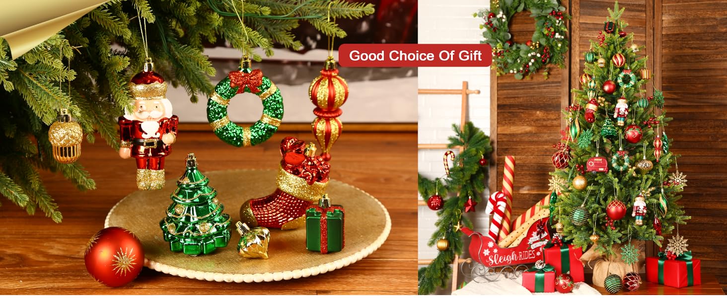 Набір прикрас на ялинку Shareconn 135 шт. - міцні ялинкові кулі з мотузкою, різні розміри та кольори (червоний, зелений, золотий) для декору ялинки в приміщенні та на вулиці