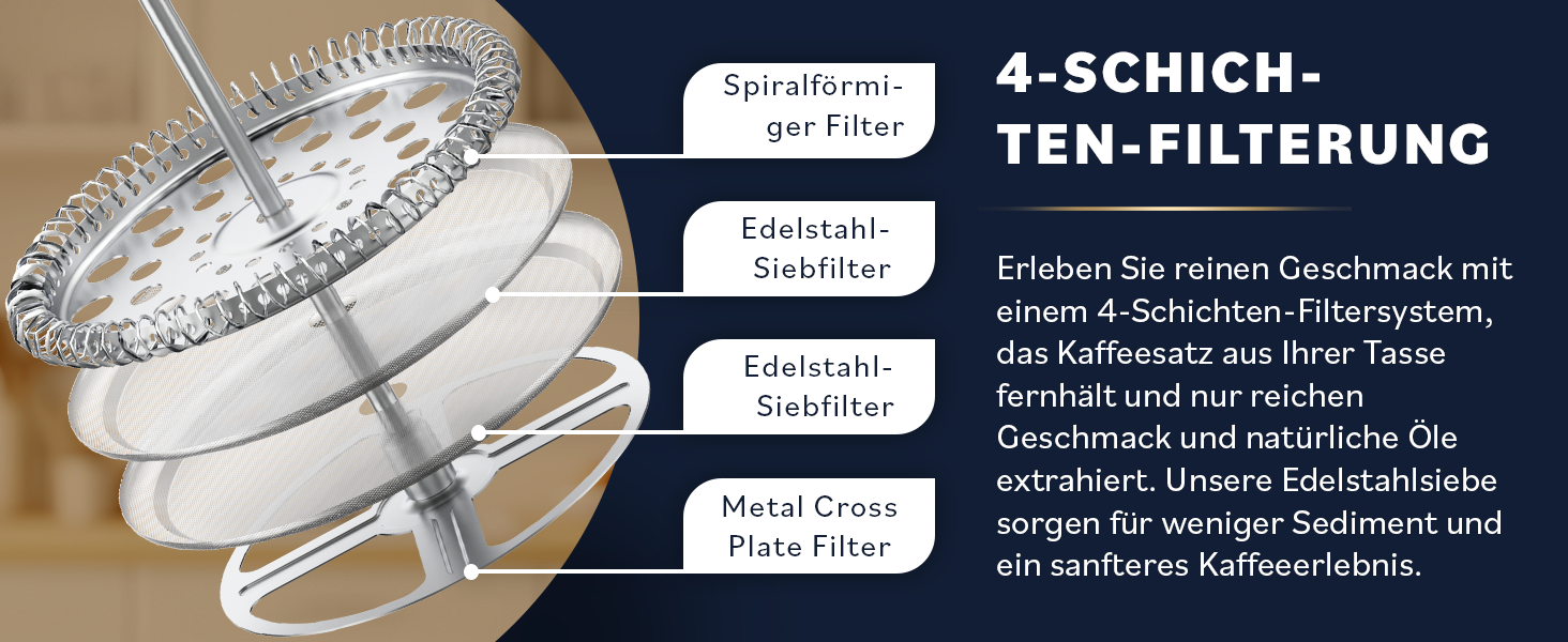 Френч-прес для кави Home Hero – 963.9 г, з бамбуковим руків'ям, скло Borosilikat, нержавіюча сталь, 4-шаровий фільтр, чорний