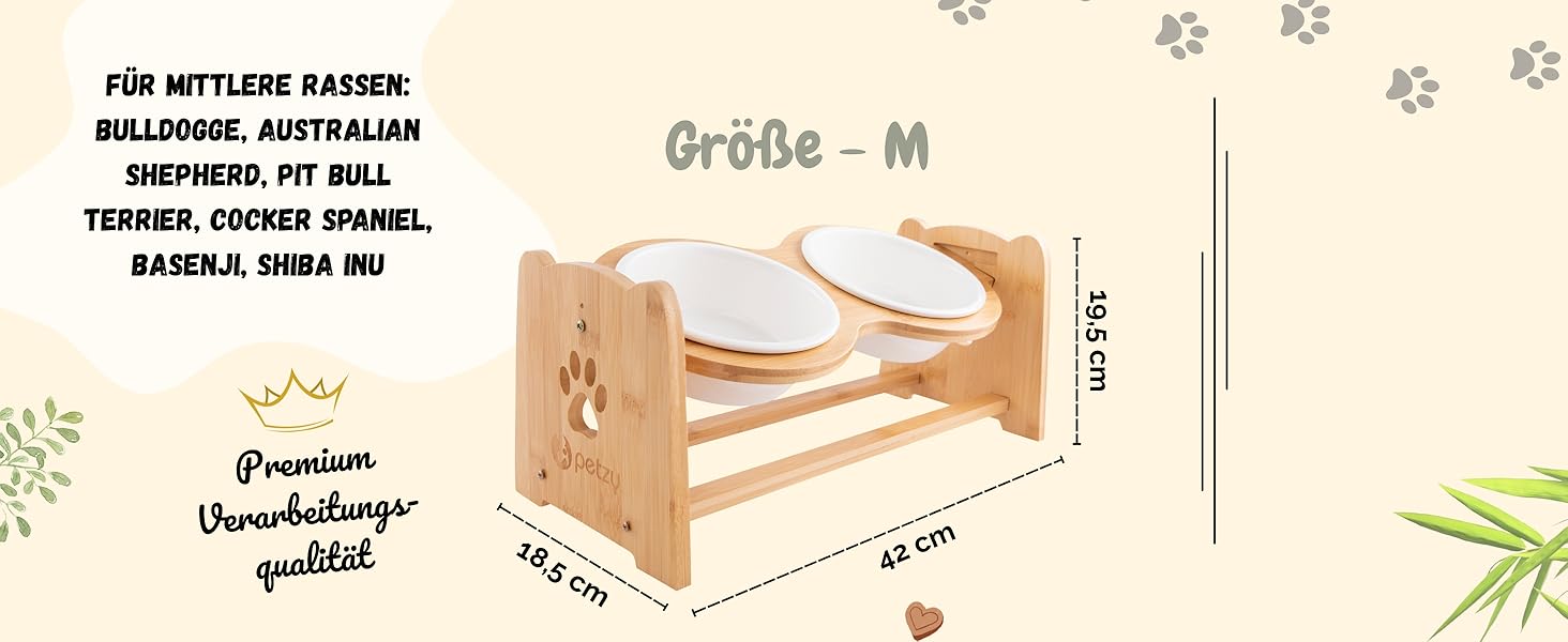 Преміум годівниця для собак/кішок Petzy Ceramic 1200 мл | Регульована висота, бамбукова станція, неслизька підставка, сіра