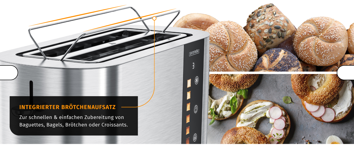 Тостер Arendo з нержавіючої сталі, 4 слоти, сенсорний екран, подвійні стінки, 1500 Вт, підставка для булочок, 6 ступенів підсмажування, центрування хліба, таймер, пам'ять, колір: сталевий