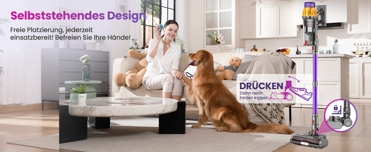 Бездротовий акумуляторний пилосос з 2 акумуляторами, 150 хв роботи, 55000 Па, 600 Вт, об'єм 2.0 л, з дисплеєм, антизаплутана щітка, самостійна парковка, настінна зарядка, 11-шарова фільтрація для шерсті тварин, килимів та твердих поверхонь