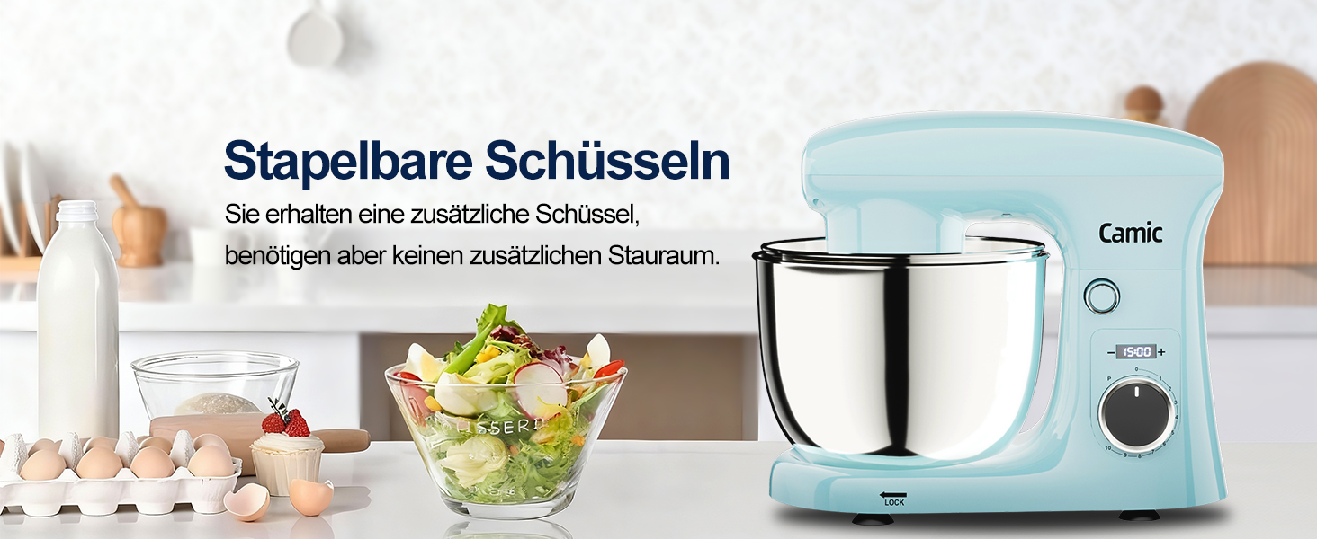 Кухонний комбайн-міксер Camic з LED-дисплеєм, 10 швидкостями та 2 чашами з нержавіючої сталі (4Л та 5Л), набір з 3 аксесуарів для тіста, хліба та тортів, синій