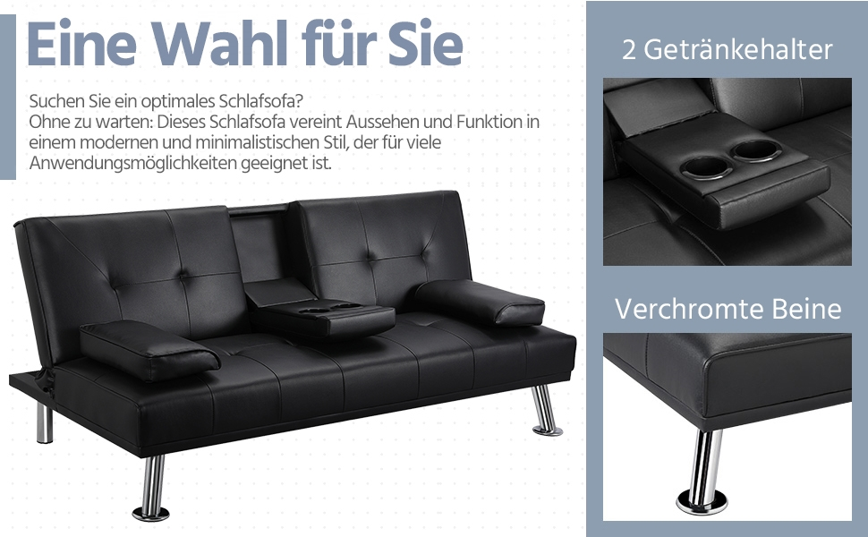 Yaheetech 3-Seater Convertible Sofa Bed with Cup Holders and Guest Bed