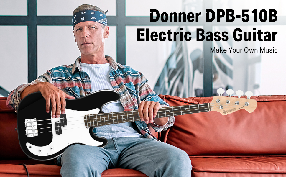 Електрогітара бас Donner P-стиль, повний розмір, 4 струни, комплект для початківців, з чохлом, ременем та кабелем (чорний)