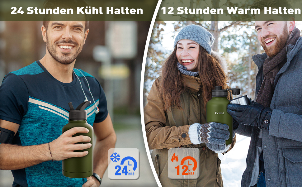 2L Stainless Steel Water Bottle with Straw, Double-Insulated Water Bottle 2 Liter with Two Lids and Protective Silicone Boot, Practical Paracord Handle for Carrying - (1893 ml, Green)