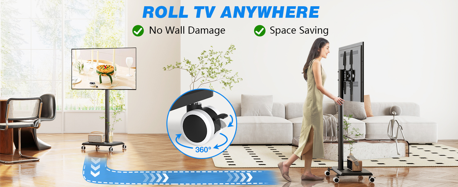 Мобільна підставка для телевізора з поличкою 27-60 дюймів, чорна. Регульована висота, поворотний механізм, VESA 400x400, до 40 кг