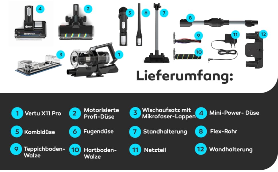 Бальтер Верту X11 PRO: Бездротовий пилосос з функцією миття підлоги, акумуляторний, 350W, до 50 хв роботи, без мішка, гнучкий з'єднувальний елемент, LED-насадка, для видалення шерсті тварин