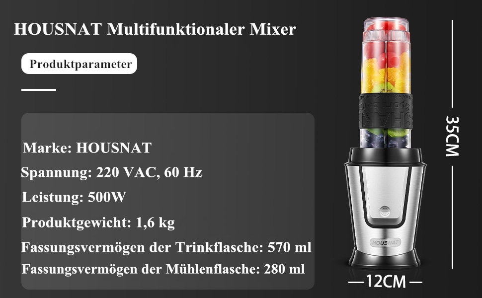 Блендер HOUSNAT Smoothie Maker To Go: портативний, 500W, з пляшкою 570мл, нержавіюча сталь, BPA-free, для смузі та напоїв