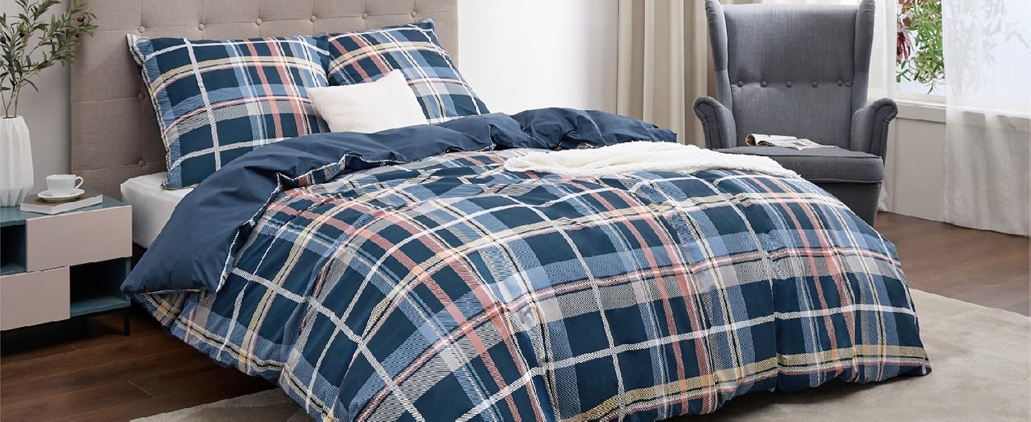 Комплект постільної білизни BEDSURE 200x200 см, 3 предмети, бавовна, двосторонній підігрудок з рослинним принтом та 2 наволочки 80x80 см, сертифікація OEKO-TEX, колір джинсовий синій