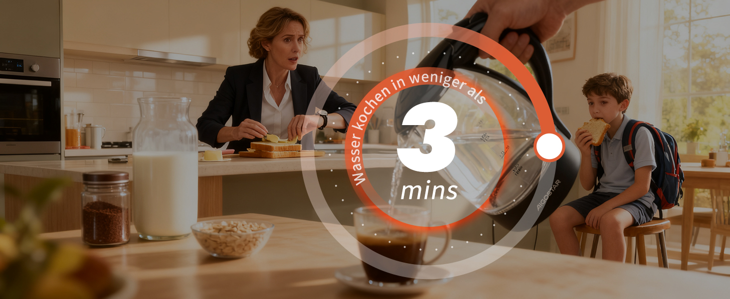 Електричний чайник Aigostar Adam, 1.7 л, 2200 Вт, LED, скло, без BPA, з фільтром від накипу, чорний