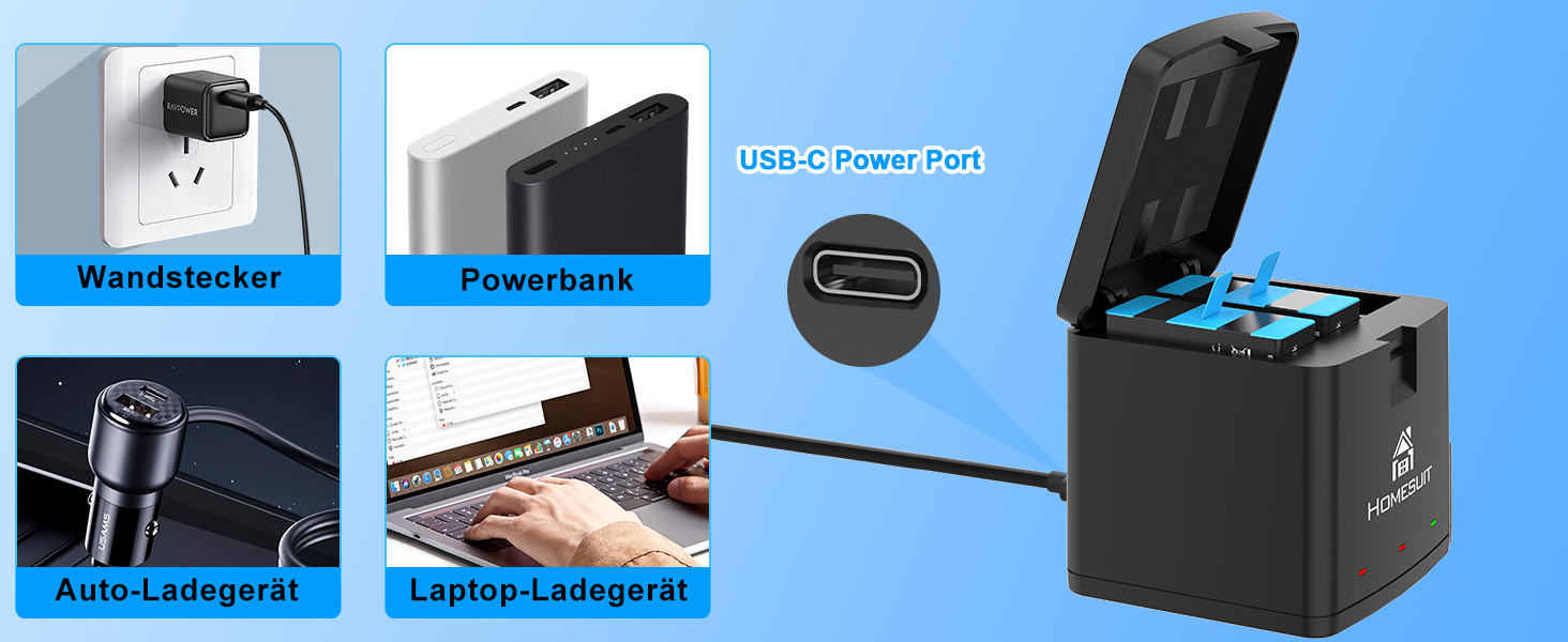 Набір акумуляторів Homesuit Hero 12/11/10/9 + LED зарядний пристрій USB-C (2 шт. акумулятори) для GoPro Hero 12/11/10/9 Black