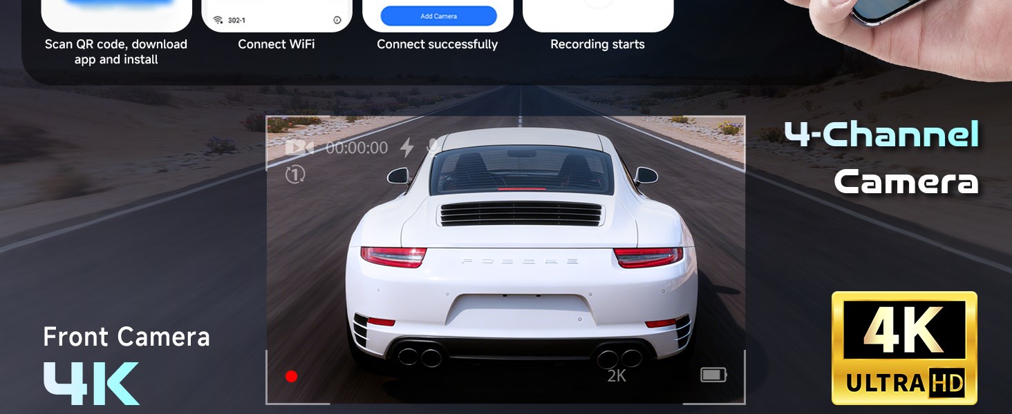 Відеореєстратор 4K WiFi Voller 360°, Автомобільна камера з GPS, Park Mode, Нічним баченням та G-сенсором. Комплект з камерою заднього виду.