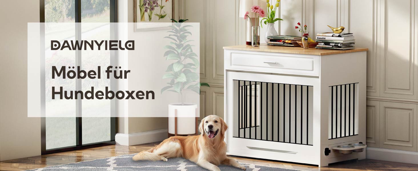 DAWNYIELD Wooden Dog Crate Furniture with Top Opening Door and Drawer - Stylish Indoor Dog Kennel End Table with 360° Swivel Dog Bowl - White
