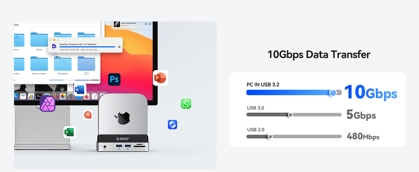 ORICO MiniDock: Док-станція та підставка для Mac mini M4/M4 Pro з корпусом для NVMe SSD, хаб USB-C з 4K HDMI, DisplayPort, SD/TF 3.0, USB-C/A 10Gbps, PD 100W - VS10 (6-in-1, 2TB)