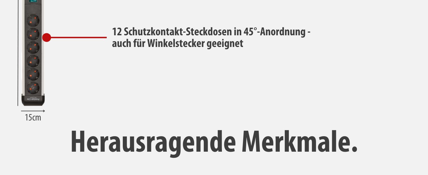 Бренненштуль Преміум-Алю-Лайт Розподільник розеток 12-фазний з алюмінію (багаторозетова панель з 2 вимикачами та 3м кабелем, Made in Germany), Нова версія Single