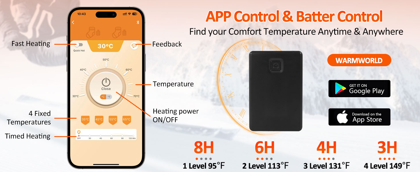 Гріючі шкарпетки Jkevow для чоловіків та жінок, 5V, 5000mAh, з контролем через додаток, 4 режими нагріву, для катання на лижах, піших прогулянок, велоспорту, чорного кольору
