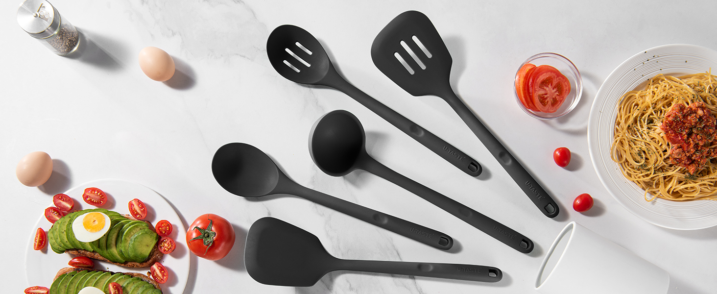 U-Taste Набір кухонних силіконових інструментів, 5 шт, термостійкі до 315°C, без BPA, антипригарні лопатки та ложки для змішування, смаження, подачі, чорний колір