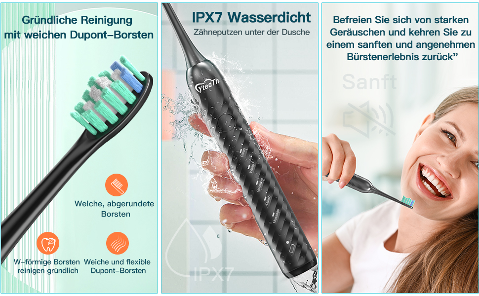 Електрична зубна щітка для дорослих з 6 насадками, перезаряджувана звукова щітка, чорна (1 шт.)