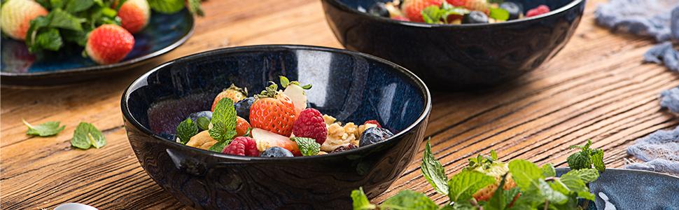 Набір тарілок для мюслі Vicrays (6 шт.) з порцеляни, об'єм 940 мл, набір тарілок та мисок, салатник з кераміки, супові тарілки, підходить для мікрохвильової печі та посудомийної машини (Зоряно-блакитний)