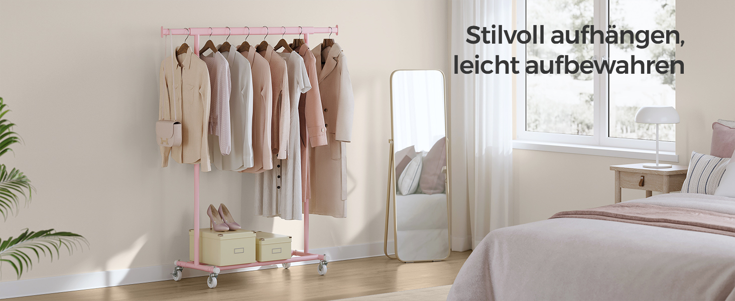 SONGMICS Стійка для одягу на коліщатках, важка, висувна штанга, до 100 кг, рожева HSR013R01, 92-132 см