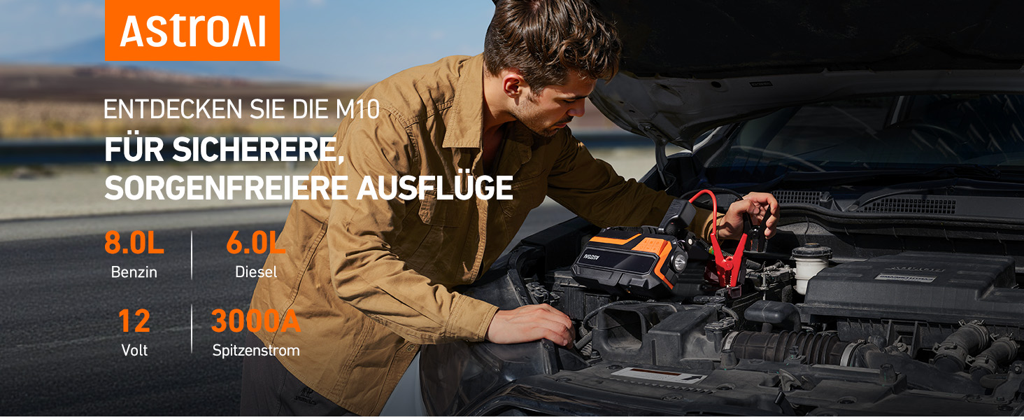 AstroAI MF16 6000A Powerbank для старту авто з компресором 150 PSI, 6000A, 12V, для бензинових/дизельних авто, мотоциклів, SUV, з LED-дисплеєм, помаранчевий